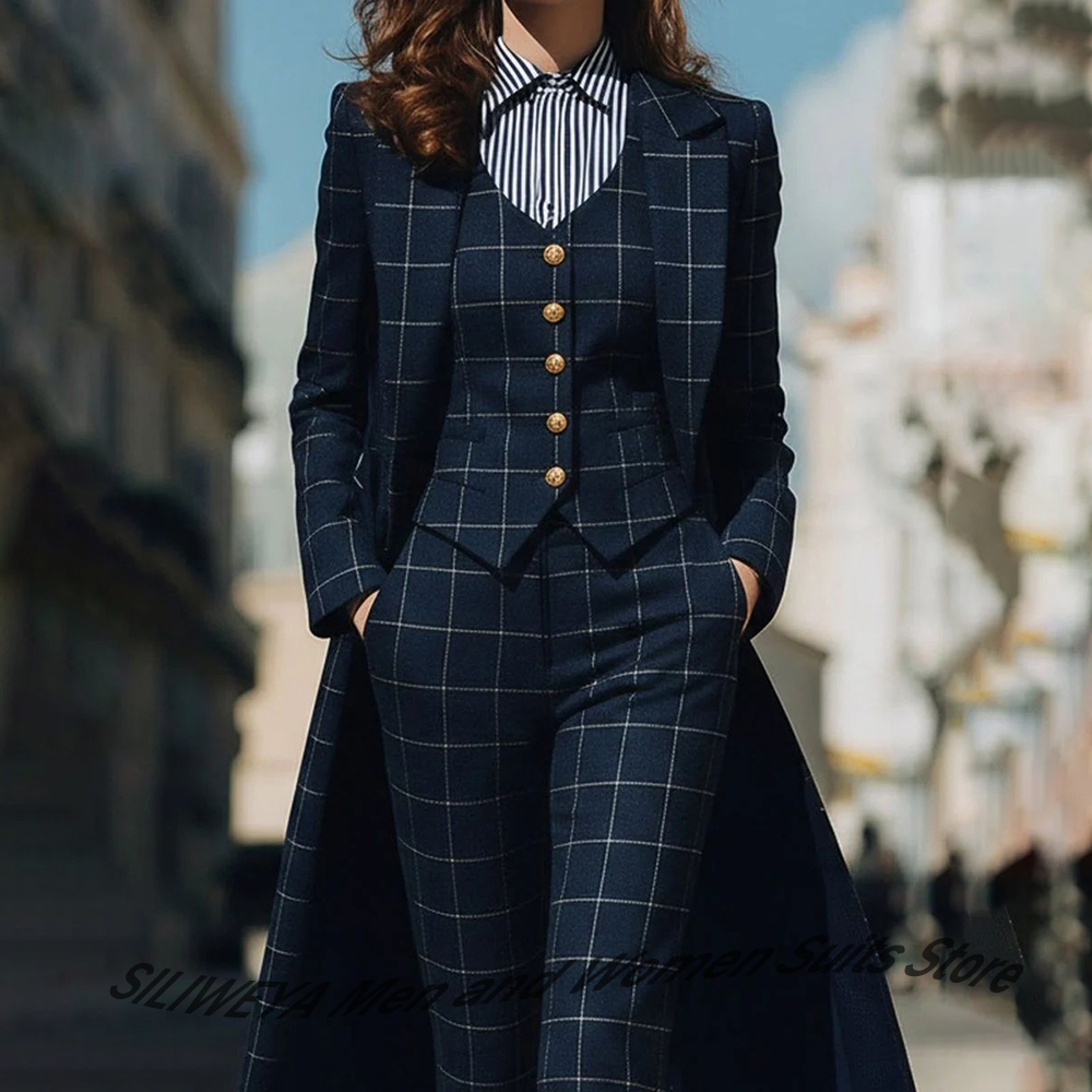 Women Formal Wear Blazers - Elegante marineblaue Damen-Karo-Blazer und Anzugsets, maßgeschneiderte