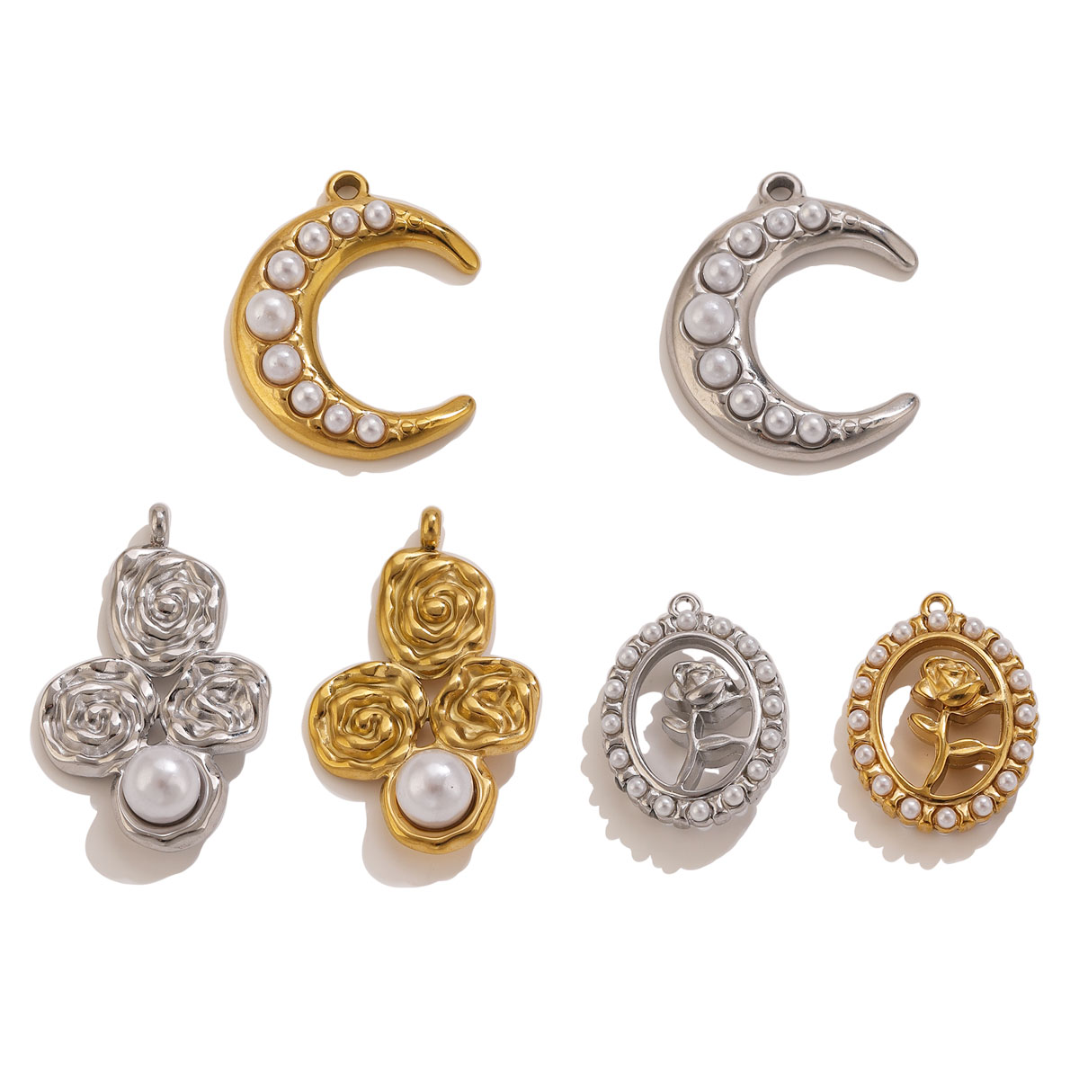 Pearl Earring Stud - 5 Stück Edelstahl 18K vergoldete Mond-Rosen-Perlen-Anhänger